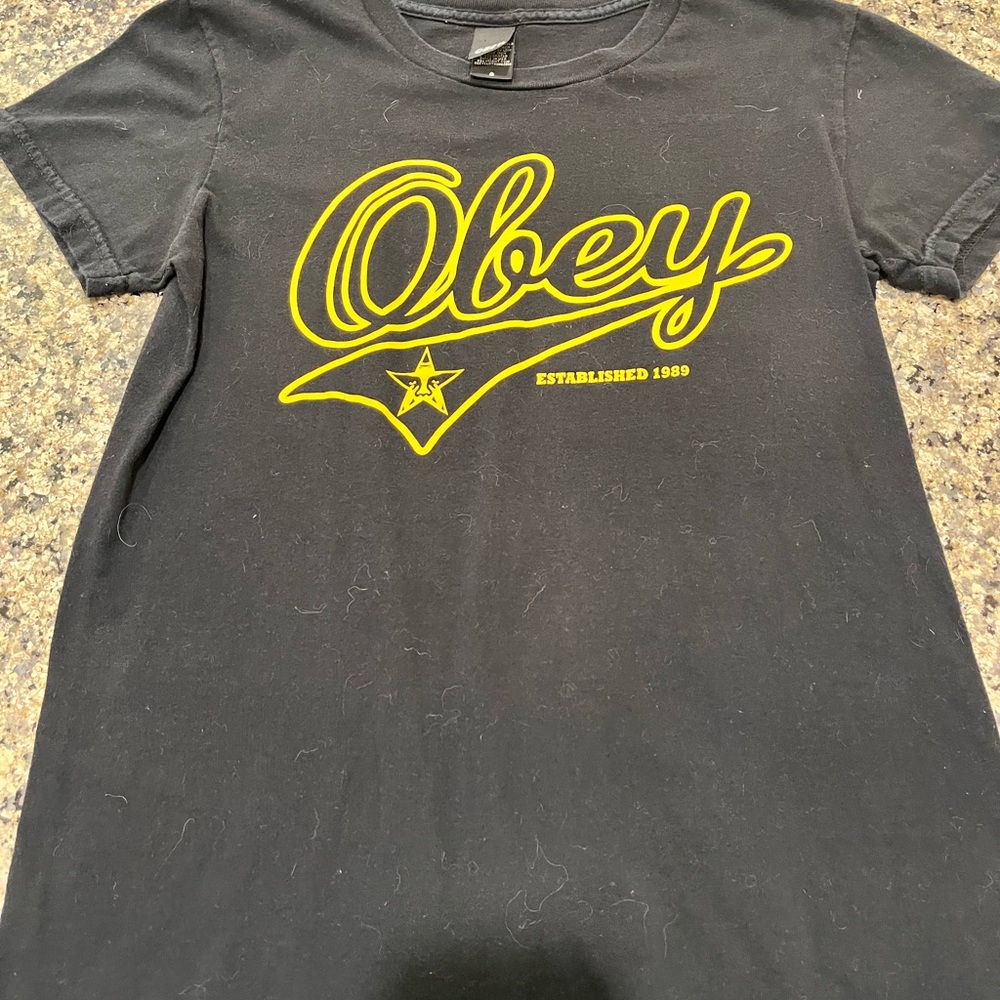 Obey Black Tee with Vibrant Yellow Design